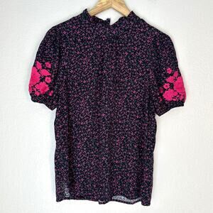 Savannah May Embroidered Blue and Pink Floral Top, Boho, oversized Small